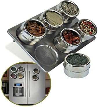 6 PC STAINLESS STEEL MAGNETIC POT HERB SPICE RACK TIN JAR STORAGE HOLDER STAND