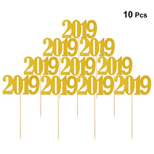 BESTOYARD 10pcs 2019 Number Cake Toppers Birthday New Year Christmas Graduation Anniversary Cupcake Cake Toppers Picks Party Decorations (Golden)