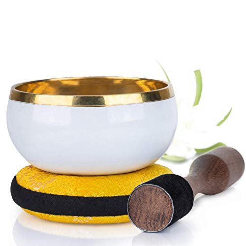 Silent Mind ~ Juego De Cuencos Tibetanos ~ Diseño Pureza Blanca ~ Con Mazo De Superficie Doble Y Cojín De Seda ~ Promueve La Paz, La Curación De Chakras Y La Atención Plena ~ Un Regalo Exquisito