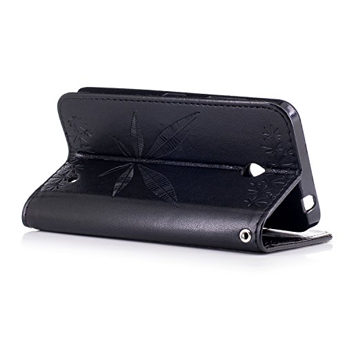 Lonchee Nokia Lumia 630 N630 Wallet Tasche Brieftasche Schutzhülle , Ahornblatt geprägtes Muster Design Hochwertige PU Leder Folio Tasche Case Hülle im Bookstyle mit Standfunktion Kredit Kartenfächer (schwarz) - 4