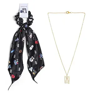 Harshala Agro Women black BT21 BTS mini set scrunchie Hair Bow Ties Scrunchies Elastic Ponytail hair ties Scarf Rope for Hair Bands Flower Print Ribbon Hairbands With Chain