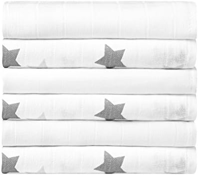 Muslin Squares Pack of 6 (3 White + 3 Stars) 100% Cotton