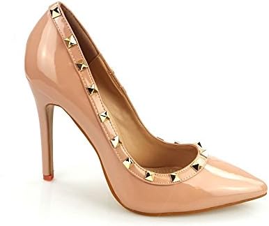 Aubrey Women Ladies Stilletto High Heel Rockstud Patent Court Shoe 5 NUDE PATENT