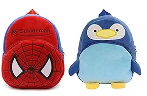 Blue Tree Kids School Bag Soft Plush Backpack Cartoon Bags Combo Mini Travel Bag for for Girls Boys Toddler Baby (Spiderman & Penguin)