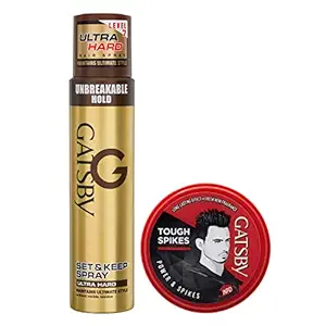 Gatsby Set and Keep Ultra Hard Hair Spray, 250ml with Power and Spikes Hair Styling Wax, 75g