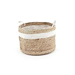 Aanu Creations Jute Planter Pots/Storage Basket with Handle, Multi-Purpose use for Bathroom Living Room (Single White), Standard