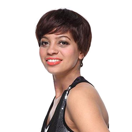 Bigood 30cm Human hair Personality Spell able Short Smooth Inclined bang Dark brown wig