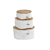 möbel mahler Dekorativer Aufbewahrungskorb, aus Weidengeflecht und Polyester. Kommen Sie in einem Set mit 3 Körben mit goldfarbenem Deckel. Es hat ein ethnisches Design mit einer dekorativen Taste, die die Funktion des Verschlusses macht. Weißer Bohemio-Stil.