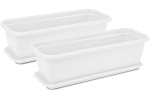 Tymar Jardineras con plato, 2 unidades, jardineras para balcón, jardineras de plástico, maceta rectangular, jardín, balcón, terraza (blanco, 100 x 18,7 x 14,7 cm)