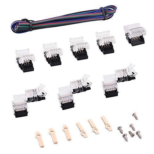 B4U Kit de Tira Led Conector 10 mm 4 Pines, Conectores de Esquina de Roca Maciza En Forma de L, Cable de Extensión, Puente de Tira Sin Soldadura 5050 RGB, Clips de Tira de Led Y Tornillos Incluidos