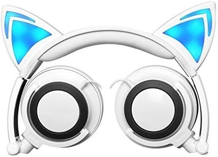 Wired Headphones Over-Ear Foldable Cat Ear Earphones with LED Light For Girls,Children.Compatible for Mp3 Mp4 player,iPhone,Android Phone (white),Valentines Day Gifts for Kids.