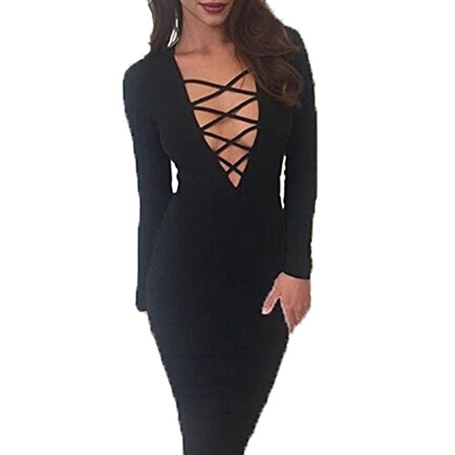 Women Lace Up Pencil Dress Long Sleeve Deep V Neck | Desertcart Guyana