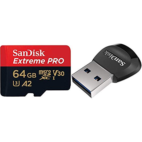 SanDisk Extreme PRO - Tarjeta de memoria microSDXC de 64 GB con adaptador SD, A2, hasta 170 MB/s, Class 10, U3 y V30 + MobileMate Lector de tarjetas MicroSD, USB 3.0