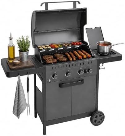 Amig - Barbecue a gas IGNIS 4+1 (4 bruciatori + 1 laterale) - 123 x 55 x 110 cm - Superficie di cottura 60 x 38 cm - Con termometro, ripiani laterali, ruote e griglia in ghisa - Nero