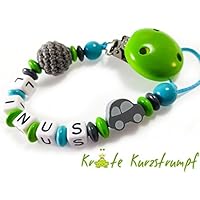 Schnullerkette mit Namen für Jungen Auto und Häkelperle - grün, türkis, grau