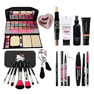 KANHIYA S.R.K Face Makeup Kit Brush set TYA makeup kit,3D contour stick,Primer, Fixer, Foundation, Kajal, 36H Sketch eyeliner and 3in1 Combo set and eyelashes (Pack of 11)