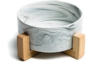 SP SEMPRE + ciotola singola per cani e gatti in ceramica da 850ML in bambù, rialzata e sollevata da terra, base antiscivolo con 4 cuscinetti (SINGOLA 15.5 CM, MARMO BIANCO)