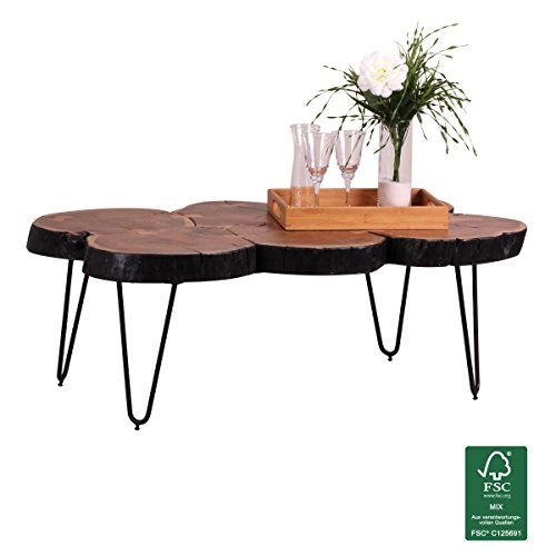 WOHNLING Couchtisch Massiv-Holz Akazie 115 cm breit Wohnzimmer-Tisch Design Metallbeine Landhaus-Stil Beistelltisch Natur-Produkt Wohnzimmermöbel Unikat modern Massivholzmöbel Echtholz Baumstamm