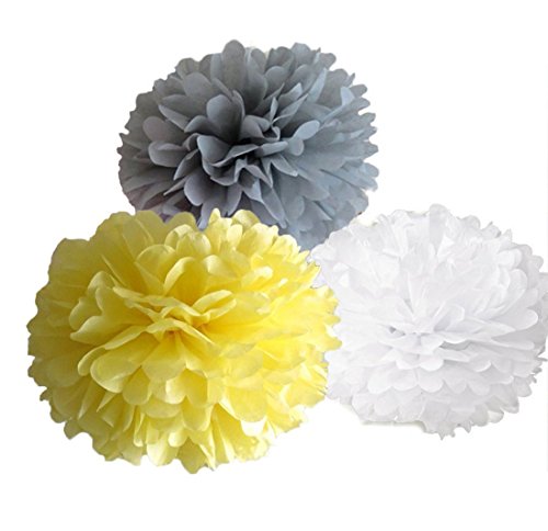 dooxoo 12 gemischt weiß grau gelb Party Tissue-Papier Blume Pom Poms Hochzeit Geburtstag Kinderzimmer Baby-Raum Dekoration Favor M Yellow Grey White 6"