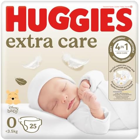 Huggies Pannolini Extra Care Bebè, Taglia 0 (<3,5 Kg), Confezione da 25 Pannolini