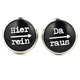 witzige Ohrstecker "Hier rein - da raus" von SCHMUCKZUCKER coole Ohrringe silberfarben mit Spruch schwarz weiß 14mm Geschenk