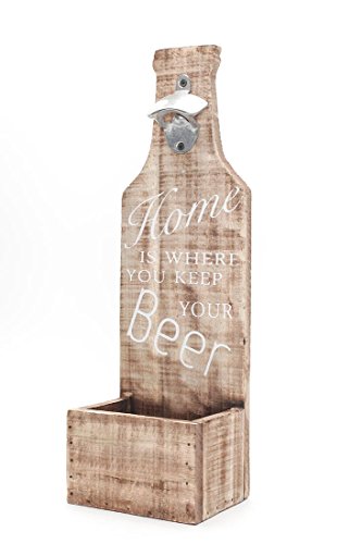 XXL Flaschenöffner für die Wand aus Holz mit Spruch "Home is where you keep your beer" 45,5x14,5x10,5cm - Bar Kronkorken-Auffangbehälter Wanddekoration Wandobjekt Shabby Chic