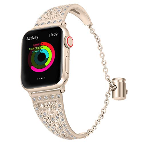 Preisvergleich Produktbild Blumenmuster Einstellkette Edelstahlband ausgehöhlte Bling Bänder kompatibles Stras -Edelstahl Armreif Armband dekoratives Uhrenarmband, für Frauen,Für Apple Watch 38 / 40mm (gold)