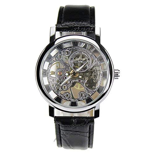 GuTe Hombre Vestido de Steampunk mecánica reloj de pulsera esqueleto hand-wind Correa de negro esfera de color plateado
