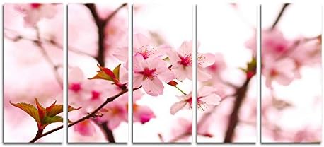 CyioArt - 5 Panels Wall Art Pink Sakura Flower Painting The Picture Print On Canvas Flower Pictures For Home Decor Decoration Gift (49"W x 24"H, no frame)