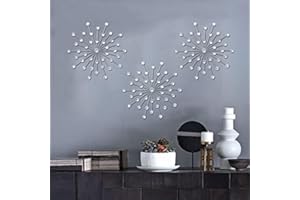 ZEXUIRU 3 Set Silver Metal Jeweled Wall Art Bling Crystal Home Décor Starburst Rhinestone Wall Hanging Diamond Accents