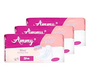 AMMY Advanced Dry Maxi All Night Cottony Soft Ultra Thin Womens/Girls Sanitary Pads with Wings (Napkins) - XL Wings (60 Pieces)(Pack Of 3)