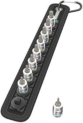 Wera 05003882001 belt 3 Torx Hf zyklop Jeu de Douilles à embout Zyklop torx à emmanchement 1/4" avec fonction de retenue, 10 pièces, Noir, Set de 9 pièces
