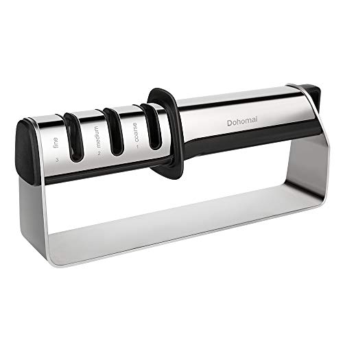Dohomai Afilador de Cuchillos de Cocina, Acero Inoxidable de Versión Mejorada, Herramienta Manual para Afilar Cuchillos de 3 Etapas, Varilla de Cerámica,Varilla de Diamante,Hoja de Acero de Tungsteno