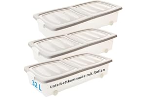 SUSTANIA Unterbettkommode mit Rollen - Praktisches 3er-Set transparente Unterbett Aufbewahrungsboxen (80x40x17cm, 32L) mit geteiltem Deckel & Clip-Verschlüssen. Made in EU. Farbe: Transparent/Sand.