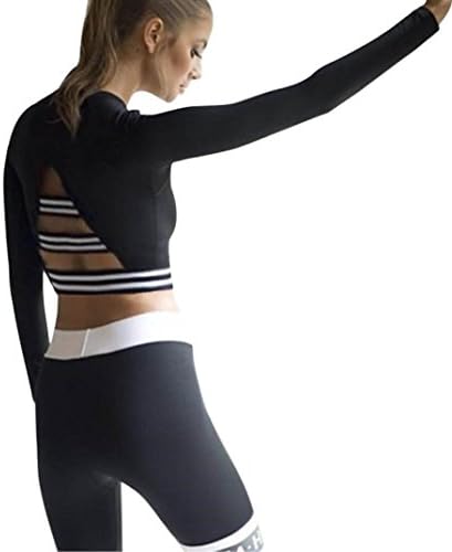 OverDose Women Sportswear Long Sleeve Stripe Sport Gym Casual Blouse Tops Fitness Yoga T-Shirt (12, Black)