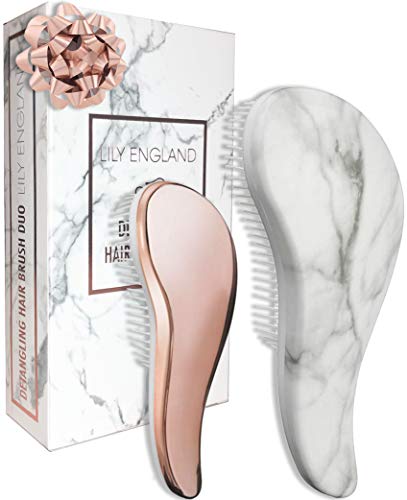 Lily England Set 2x Brosses à Cheveux Démêlante Superbe Qualité Salon Coiffure - Meilleures Brosses pour Cheveux Fins/Épais, Bouclés, Secs/Humides et Enfants, Coffret Cadeau Idéal (Marbre/Or Rose)