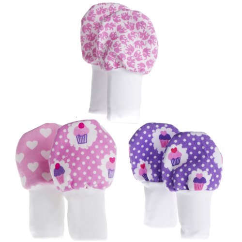 No Scratch Baby Mittens Set of 3 - Pink and Purple Cupcakes, Hearts, Elephants 0-6m