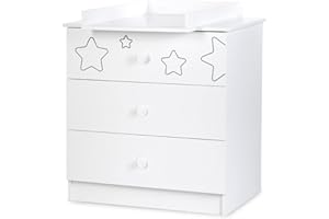 KLUPS Tino Commode Enfant 3 tiroirs Motifs étoiles + Plan à Langer Amovible Blanc 83x54x87cm