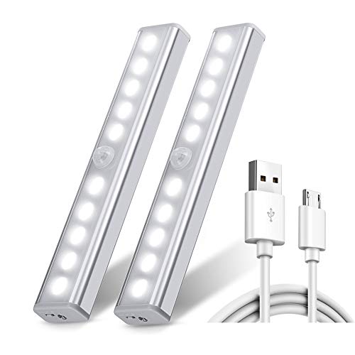 Chesbung [2 Pezzi Ricaricabile USB 10 Luci LED Armadio Sensore Movimento per Illuminare Armadi Striscia Magnetica Adesiva Luce per Armadio Scale Corridoio Cucina Garage Auto/On/off -Bianco