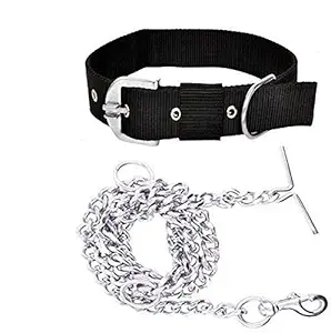 JAPIN Dog Belt Combo of 1.25 inch Nylon Collar with Heavy Dog Chain 1.5m Lengthy Dog Collar Chain (Black)