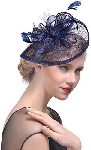Fascinator Hat Mesh Feather Flower Derby Hat for Women Wedding Party Headpieces (Navy Blue)