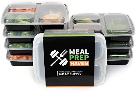 Meal Prep Haven 3 Compartment Food Containers with Airtight Lid, Bento Box, Lunch Box for Meal Prep, 21 Day Fix and Portion Control, Set of 14
