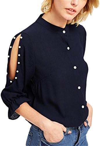 Hangyin Spring Stand Collar Pearl Beading Blouse Women 3/4 Sleeve Split Shoulder Plain Top Navy Button Shirt Blue M