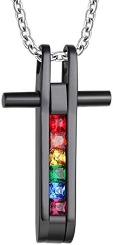 YouPue Jewelry Stainless Steel Cross Pendant Rainbow Diamond Geometric Shape Multicolor Glass With Beads Chain For Her&amp;His Gift