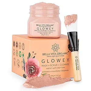 Bella Vita Organic Glowey Face Pack, Scrub & Face Wash 3 in 1 for Glowing Skin & Radiance Unisex Ayurveda With Free Face Pack Applicator Brush (100 gm)