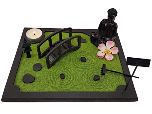 Bonseki Giardino Zen Da Tavolo 20 X 25 Cm In Legno Passo Giapponese Con Ponte E Buddha Totalmente Personalizzabile