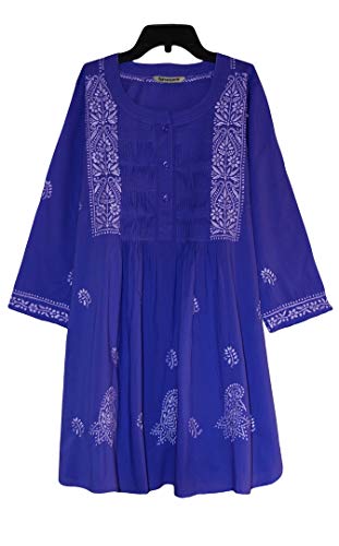 Ayurvastram. Túnica bordada a mano de algodón puro, kurta, blusa. -  Morado -  56: Cuerpo Pecho 132 cm
