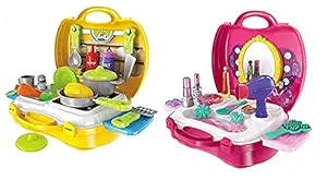 Neel Combo of Beauty Kit Toy Set and Kitchen Kit set for Kids Pretend Play Non Toxic 26 Pieces Kitchen and 22 Pieces Makeup Kit Set For Baby Girl Boys Kids Indoor Game Best Gift For Birthday Festivals etc.