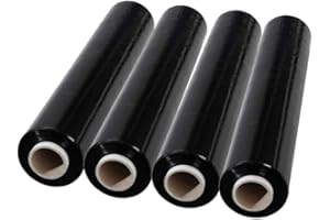 KAPCO 4 x Black Pallet Shrink Wrap Stretch Film [20 Microns, 150m x 400mm] Heavy Duty Industrial Non-Extended Core Strong Plastic Cling Packaging Roll for Moving Home Furniture Luggage Wrapping Parcel