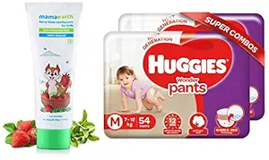 Mamaearth 100% Natural Berry Blast Kids Toothpaste 50 Gm, Fluoride Free, SLS Free, No Artificial Fla and Huggies Wonder Pants, Medium Size Diapers Combo Pack of 2, 54 Counts Per Pack, 108 Counts